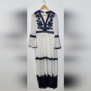 Aqua Elegant Navy Lace Trim Maxi Dress With Bell Sleeves Size XS